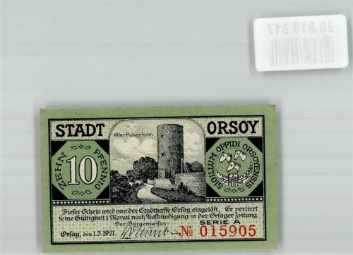 47495 W4134 Orsoy , Niederrhein 1921 Notgeldschein 10 Pfennig
