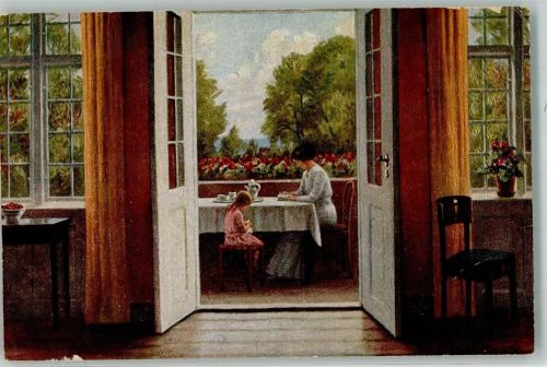 sign. Holtmark N. Frau Kind Auf der Veranda ASCO Nr.1821