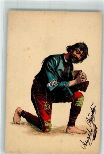 1900 sign. Aurel Volkstype mit einer Bibel im Gebet