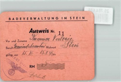 Stein 1942 Ausweiskarte der Badeverwaltung KEINE AK