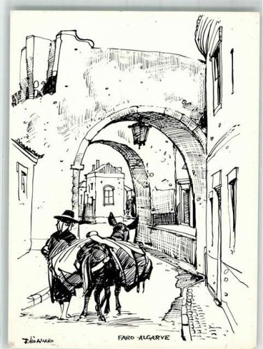 Villajoyosa sign. Amaro Esel Gasse Mann Tracht Faro Algarve Ort lt. Stempel
