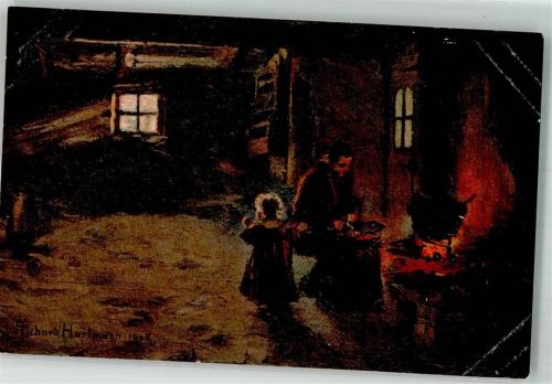 Verlag KNG Serie Nr. 753 Worpsweder Kunstpostkarte sign. Hartmann Richard : Am Herdfeuer offene Feuerstelle