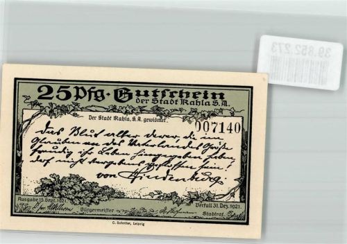 Kahla 1921 25 Pfg. Gutschein Nr. 007140 Leuchtenburg