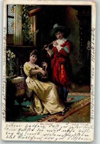 1900 Querflöte Frau Mandoline sign. Völcker Robert Ein Duett Lithographie Künstlerkarte