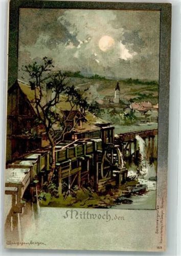 1919 Wassermühle vor einem kleinen Dorf im Mondschein Sommergrüße Mittwoch T.S.N. Serie 1558 Maschinenstempel