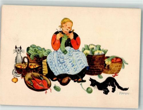 sign. Hahn Marktszene Frau Katzen Hahn Kunstverlag Ruhpolding