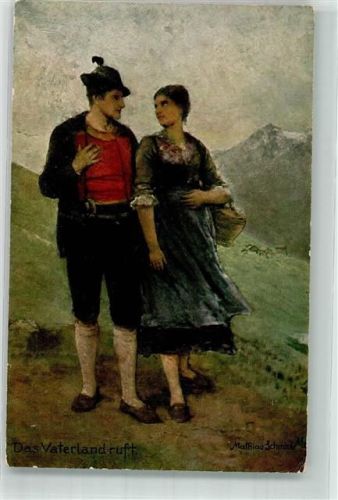 sign. Schmidt, Mathias Alpenbauer verabschiedet sich von seiner Frau in Tracht Moderne Meiser No. 18