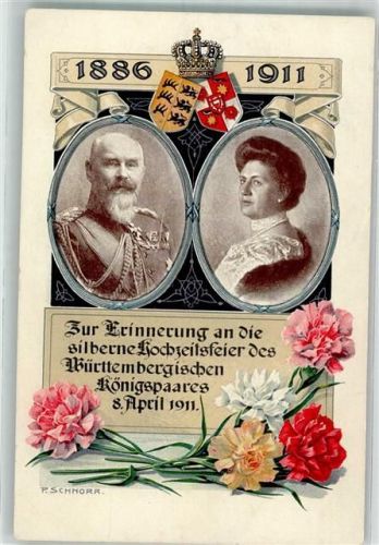 Königspaar Silberne König Wilhelm II Silberne Hochzeit 1911 Blumentag Wappen Nelken sign. Schnorr