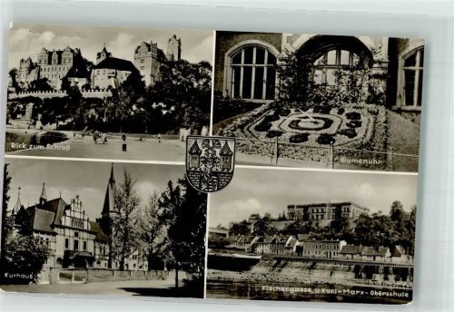 Bernburg Blick zum Schloss Blumenuhr Fischergasse u. Karl Marx Oberschule