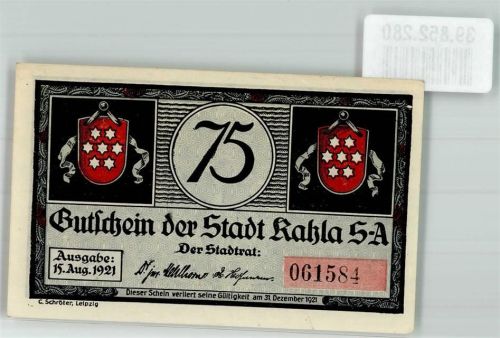 Kahla 1921 75 Pfg. Gutschein Nr. 061584