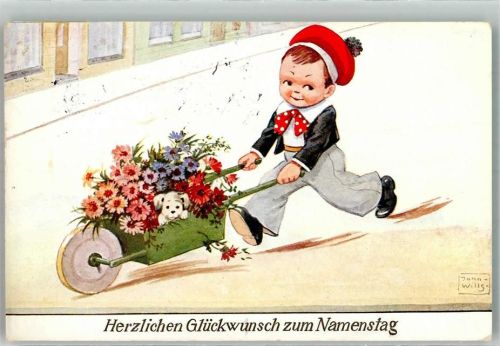 Namenstag Glückwunsch Kind Schubkarre Hund WSSB 6067