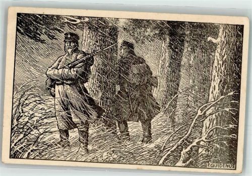 1915 Zwei Landsturmsoldaten halten Wache im Unwetter Feldpost WK I Bayer. 6. Res.-Div.