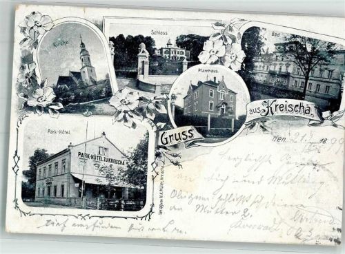 01731 O8216 Kreischa b Dresden 1899 Gebrauchsspuren Ev. Kirche Park-Hotel Schloss Pfarrhaus Kurhaus Karte beschnitten
