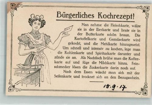 1917 Satire Bürgerliches kochrezepüt mit Lebensmittelkarten WK I