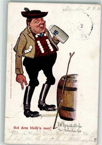 München 1900 Dicker Biertrinker in Tracht mit HB Krug Künstlerkarte