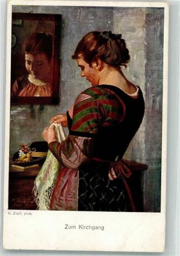 sign. Zopf Junge Frau macht sich zum Kirchgang fertig Galerie Münchner Meister No. 171