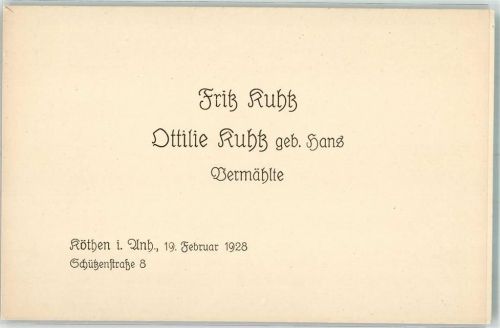 Köthen 1928 Hochzeitsanzeige Familie Kuhtz