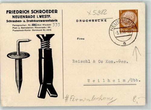 Neuenrade 1938 Fabrik Schrauben und Drathkurzwaren F. Schroeder Firmenlochung