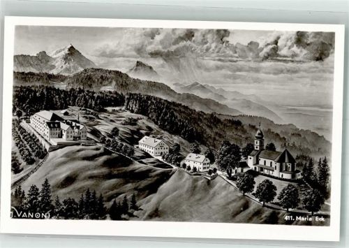 Maria Eck sign. Vanoni Vogelschau mit Kloster und Kirche Maria Eck