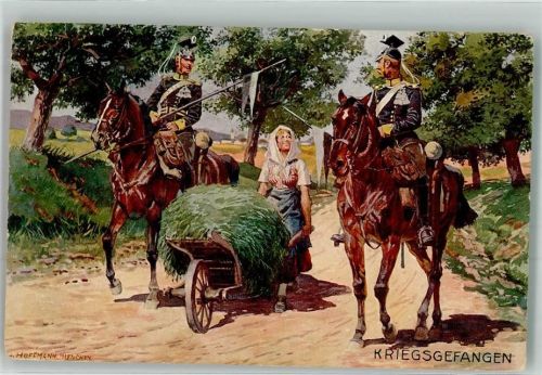 1914 Bäuerin Schubkarre mit Heu , Husaren Kriegsgefangen Humor