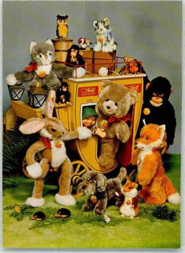 W7928 Giengen an der Brenz Teddybär Fuchs Osterhase Katze Hund und Affe in einer Postkutsche Steiff Werbe AK