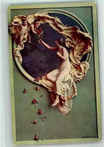 1914 sign. Mastroianni Junge Frau Amor und rote Rosen Colorrelief
