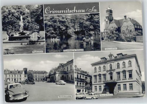 Crimmitschau Friedenshain Brunnen, Johanneskirche, Gondelteich im Sahnpark, Bahnhofsvorplatz, Haus der Einheit, Auto