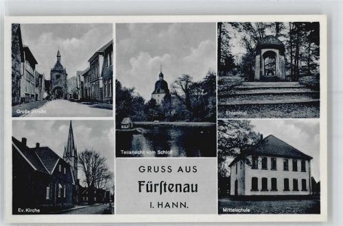 Fürstenau Teilansichten: Ev. Kirche, Schule, Ehrenmal