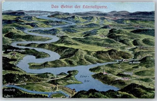 Waldeck Blick aus der Vogelschau: Das Gebiet der Edertalsperre, Edersee, Sign. E. Felle