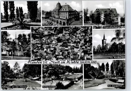 58706 W5750 Menden (Sauerland) - Am Bahnhof Rathaus Jugendherberge Kapelle Fliegeraufnahme ev. Kirche Anlagen an der Hönne Schwimmbad Am Ehrenmal