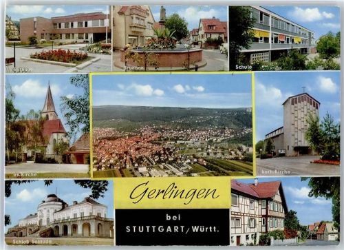 Gerlingen Rathaus Brunnen Schule Ev. Kirche Fliegeraufnahme Kath. Kirche Schloss Solitude