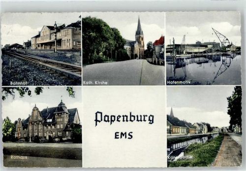 Papenburg Kath. Kirche Bahnhof Rathaus Hafen Kanal Bahnpost Münster Emden Zug 735