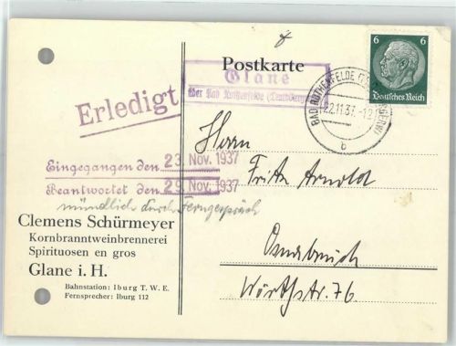 49186 W4505 Glane - Landpoststempel Konrbranntweinbrennerei Clemens Schürmeyer