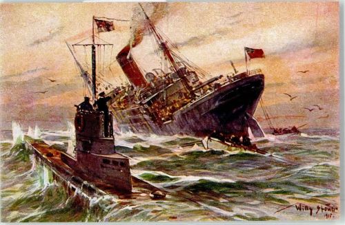 Vernichtung eines engl. Handelsdampfers durch deutsches U-Boot WK I sign.