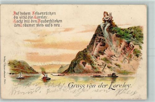 1904 Gedicht Felsen Frau Harfe Rhein Segelboot Dampfschiff