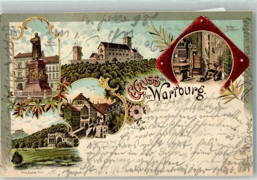 Wartburg 1898 Wartburg Hof Luther Denkmal Lutherstübchen Fritz Reuter Villa Blumen Gruss Lithographie
