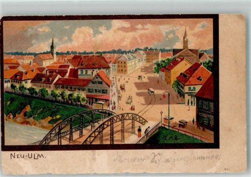 Neu-Ulm 1914 Brücke Kirche Straßenbahn Lithographie