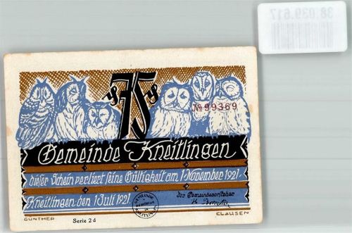 Kneitlingen 1921 75 Pfennig Till Eulenspiegel mit Dachhasen Vorderseite Eulen