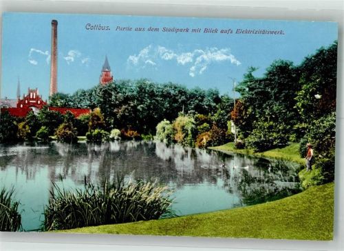 Cottbus 1910 Teich im Stadtpark mit Elektrizitätswerk