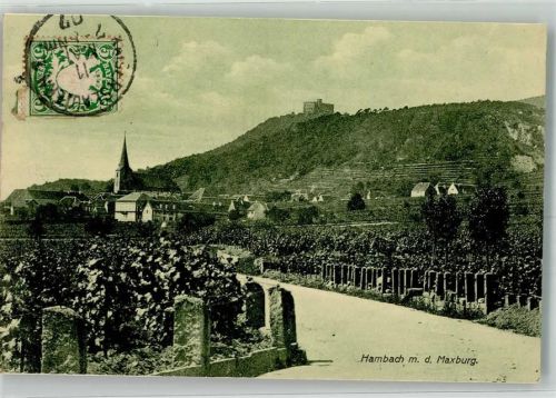 Hambach 1907 Panorama des Ortes mit der Kirche St. Jakobus und der Maxburg