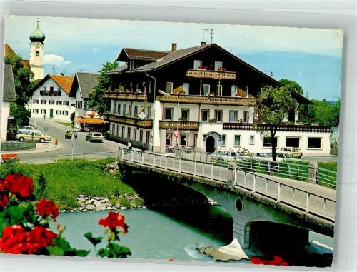Eschenlohe Hotel Gasthaus Zur Brücke Loisachbrücke Pfarrkirche St. Clemens Foto Original aus Archiv eines Ansichtskartenverlages