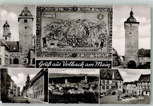 Volkach Unteres Tor und Oberes Tor Rathaus Panorama des Ortes mit Pfarrkirche St. Bartholomäus Fotograf Kohlbauer