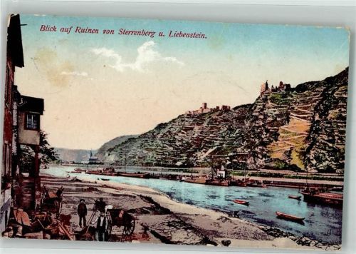 Kamp-Bornhofen 1915 Blick auf Ruinen v. Sterrenberg u. Liebenstein Binnenschiffe