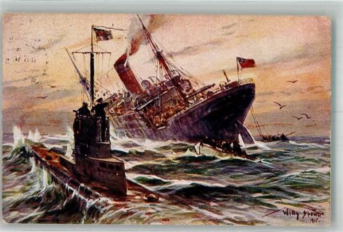 1915 Vernichtung eines englischen Handelsdampfers durch ein deutsches U-Boot Marine Kolonialkriegerdank Feldpost WK I Elberfeld