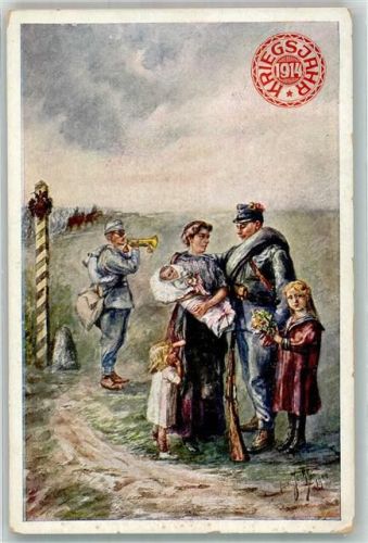 1914 Landser in Uniform verabschiedet sich von seiner Familie Wohlfahrtskarte Witwen- und Waisenfond