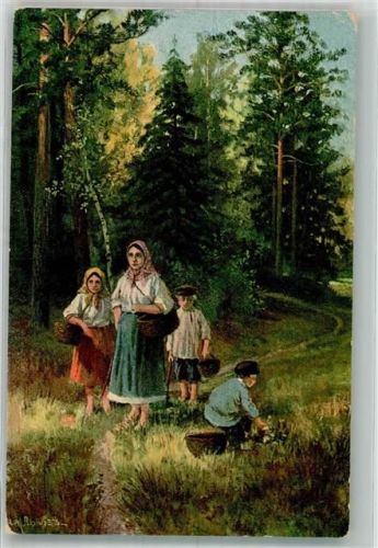 1917 Mutter mit Kindern im Wald auf Pilzsuche