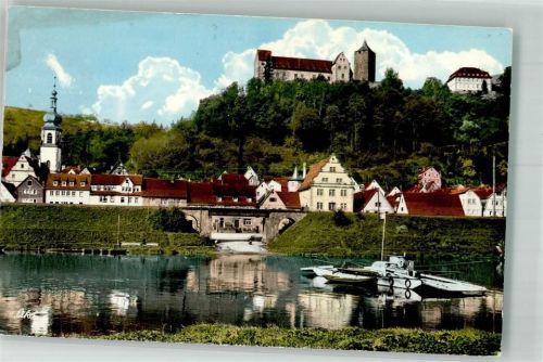 Rothenfels Mainfähre unterhalb von Kirche Mariä Himmelfahrt und Burg Rothenfels