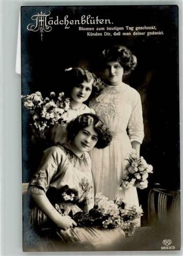 1915 Drei Mädchen in weißen Spitzenkleidern mit Blumen Nr. 9843/3 Feldpost WK I 2. Oberels. Feld-Art.-Regt. Nr. 51