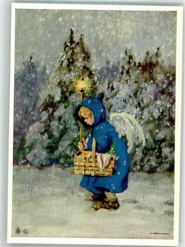 Engel mit Geschenkekorb und Kerze im Winterwald Weihnachten Verlag Josef Müller Nr. 5641