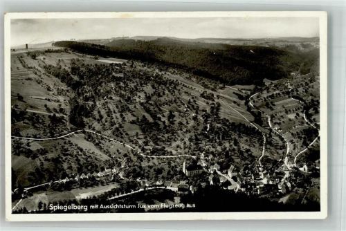 Spiegelberg 1943 Fliegeraufnahme des Ortes mit Ev. Kirche und dem Aussichtsturm auf dem Juxberg